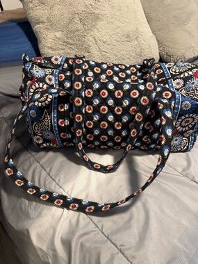 Vera Bradley Black Quilted Floral Travel Duffel with Blue and Red Accents